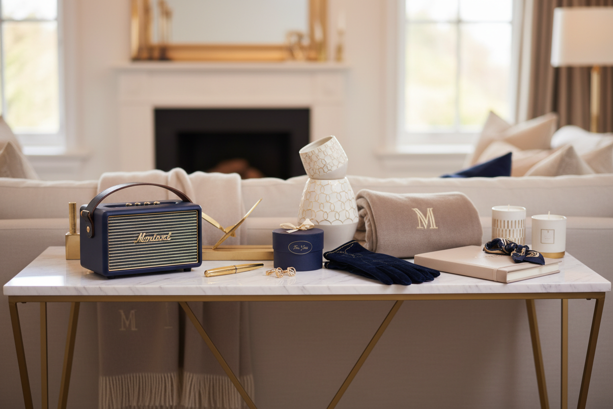 Create a luxurious, aspirational hero image for Montera & Co., highlighting curated lifestyle products ready for gifting. Include retro-style Bluetooth speakers, elegant home décor items, and stylish accessories arranged on a sleek modern surface. Use warm, soft lighting with subtle shadows to create depth. Color palette: navy blue, gold, white, and soft neutrals. Include a blurred, cozy background suggesting a high-end living space or workspace. 
