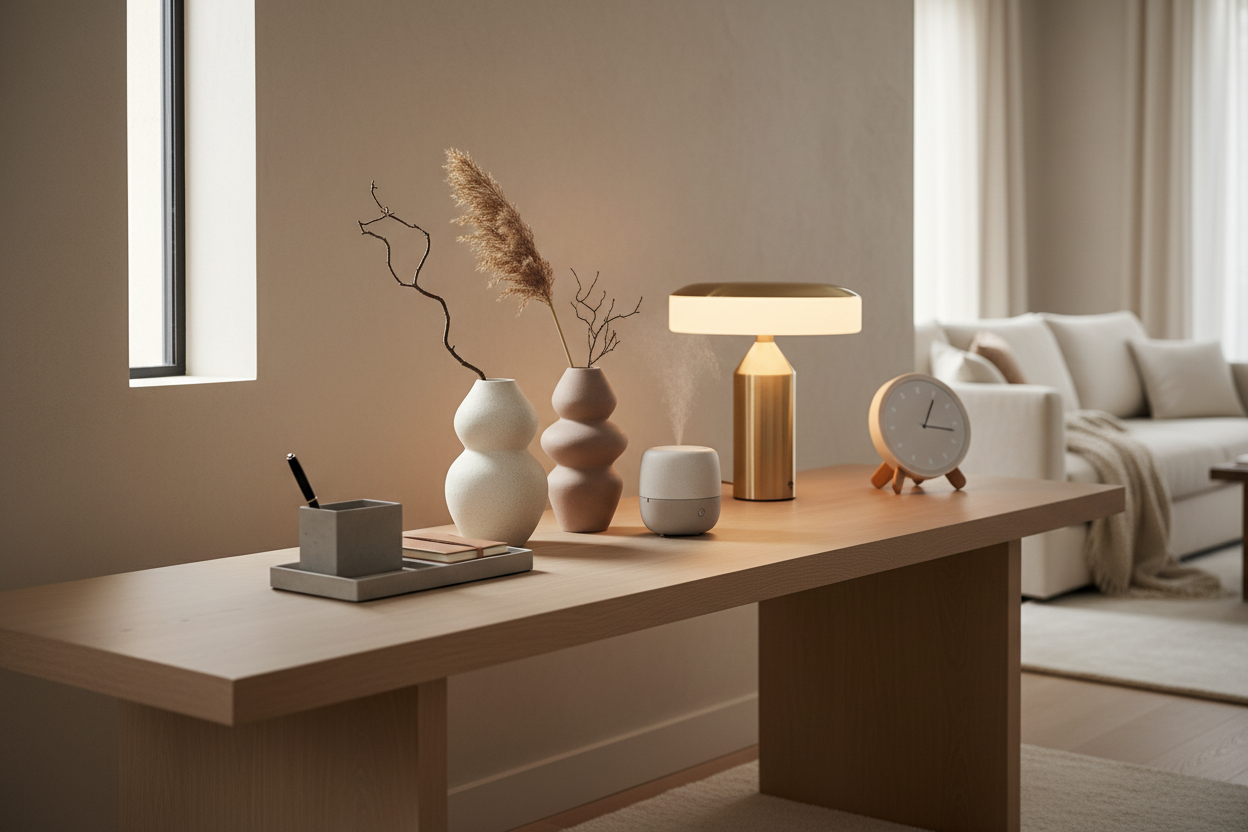 Create an elegant category image for Montera & Co. ‘Home & Living’. Show premium décor like vases, ambient lighting, desk accessories, and tabletop gadgets. Minimalistic modern setting with soft natural light, warm neutrals, subtle shadows, and a cozy home background. Convey luxury, timelessness, and approachable style.